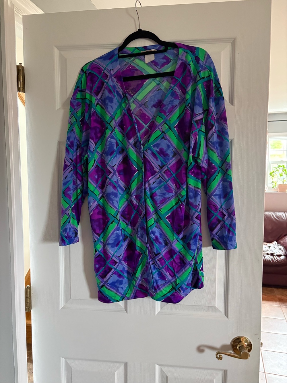 Vibrant Plaid Open Cardigan in Purple, Blue & Green
